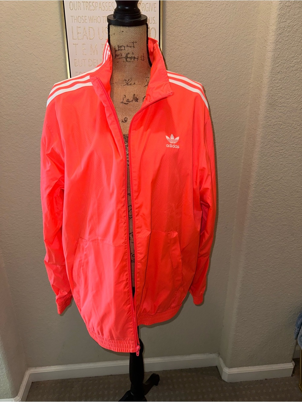 adidas Neon Coral Three-Stripe Varsity Jacket